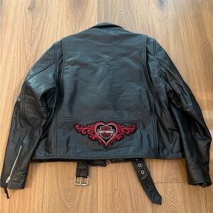 FMC Harley Davidson Black Leather Quilt Lined Zip Biker Jacket Womens XL Heart